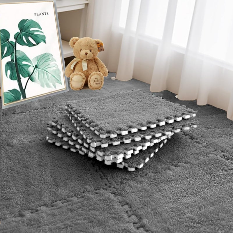 JADERLU 16pcs 0.6" Thickened Interlocking Tile Mats,Fluffy Shaggy Soft EVA Foam Area Rug for Living Room & Bedroom,Non-Slip Protective Floor Carpet Play Mat Kids Baby Dorm Home Decor (11.8ft, Grey) - Image 1